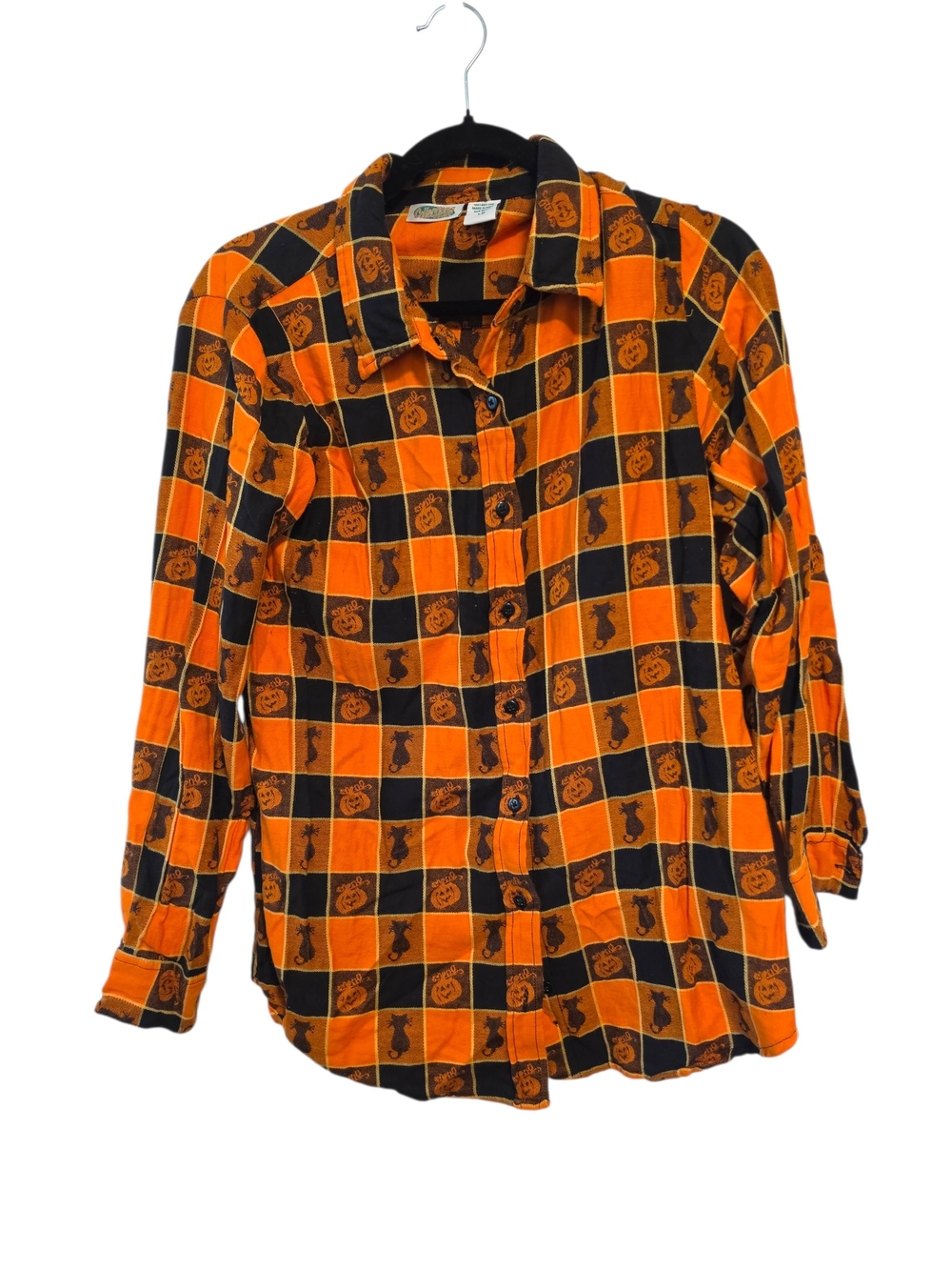 Collections ETC Orange & Black Halloween Plaid Button-Up Shirt Size Large
